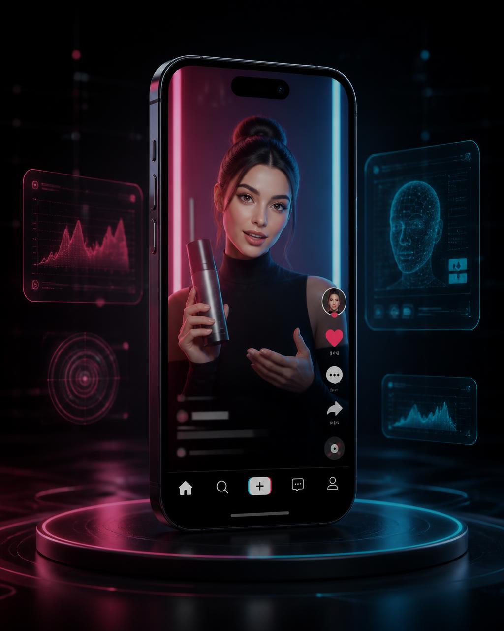 Celular exibindo um vídeo vertical com personagem virtual criada por IA apresentando um produto